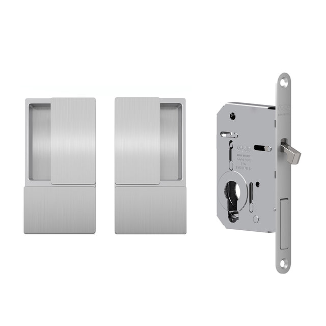 Quality image of AGB Wave Flush Pocket Door Handle & Euro Profile Lock Set - Satin Chrome | Sku. agbwepdsc | available from Trade Door Handles.