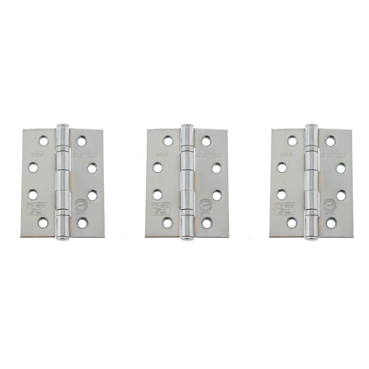 Quality image of Atlantic Ball Bearing Hinges Grade 11 Fire Rated 4" x 3" x 2.5mm set of 3 - Polished Chrome | Sku. ahg111433pc-3 | available from Trade Door Handles.