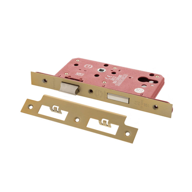 Quality image of Atlantic DIN Euro Profile Sashlock Double Throw 60mm backset - Satin Brass | Sku. alkdines60sb | available from Trade Door Handles.