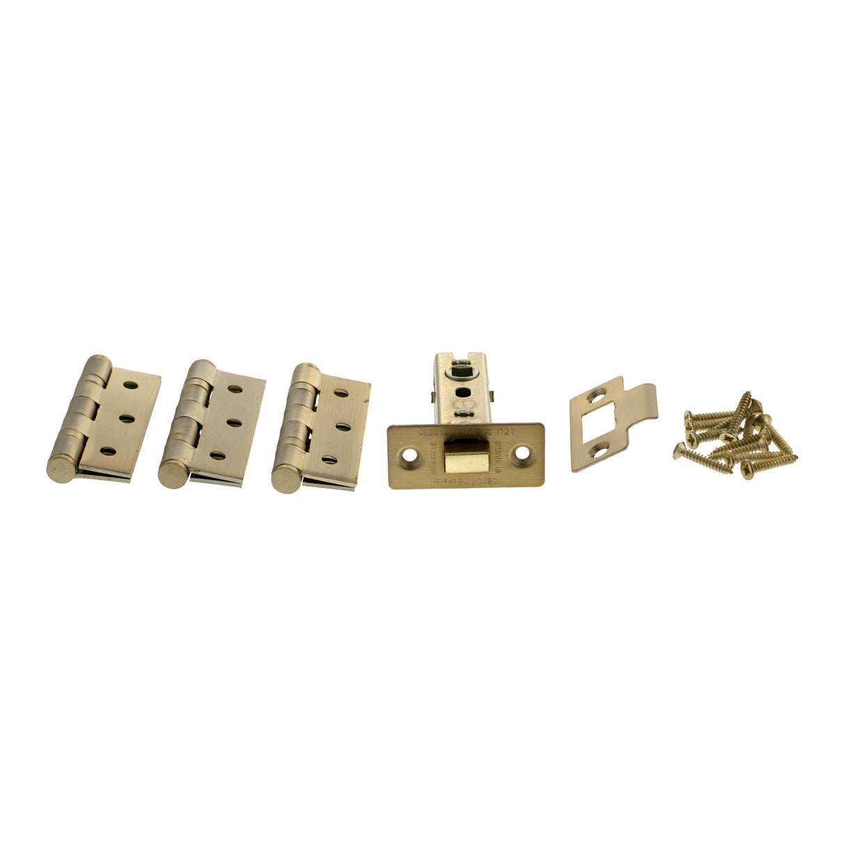 Quality image of Atlantic Latch Pack [CE] 3" (Latch x1) + 3"x2" (Hinge x3) - Satin Brass | Sku. alp332sb | available from Trade Door Handles.