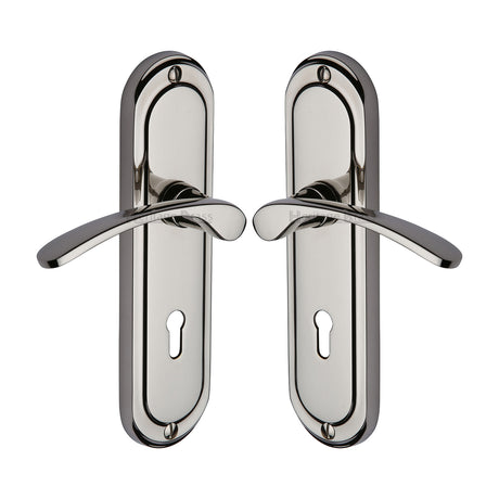 High quality image of the Heritage Brass Door Handle Lever Lock Ambassador Design Polished Nickel Finish | Sku. amb6200-pnf | Discounted prices available from Trade Door Handles