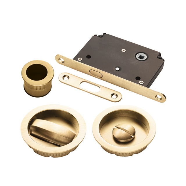 High quality image of Manital - Sliding Door Lock Set - Satin Brass | Sku. art55bsb | Trade Door Handles.