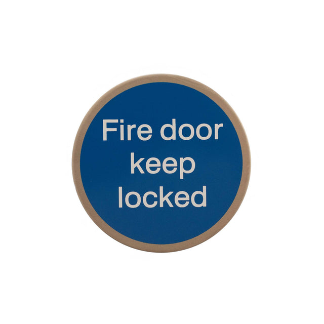 Quality image of Atlantic Fire Door Keep Locked Disc Sign 3M Adhesive 75mm - Satin Stainless Steel | Sku. as75fdklasss | available from Trade Door Handles.