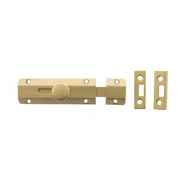 Quality image of Atlantic Solid Brass Surface Door Bolt 4" - Satin Brass | Sku. asb4sb | available from Trade Door Handles.