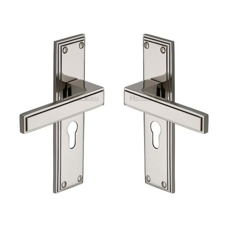 High quality image of the Heritage Brass Door Handle Euro Profile Atlantis Design Polished Nickel Finish
 | Sku. atl5748-pnf | Discounted prices available from Trade Door Handles