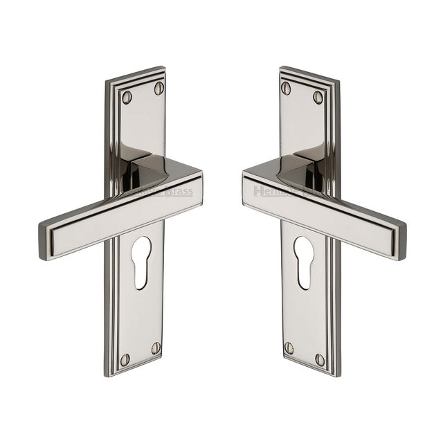 High quality image of the Heritage Brass Door Handle Euro Profile Atlantis Design Polished Nickel Finish
 | Sku. atl5748-pnf | Discounted prices available from Trade Door Handles
