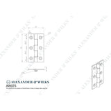 Line technical drawing image of Alexander & Wilks Heavy Pattern Solid Brass Cabinet Butt Hinge - Polished Brass - 3" | Sku. aw075-ch-pb | Trade Door Handles.