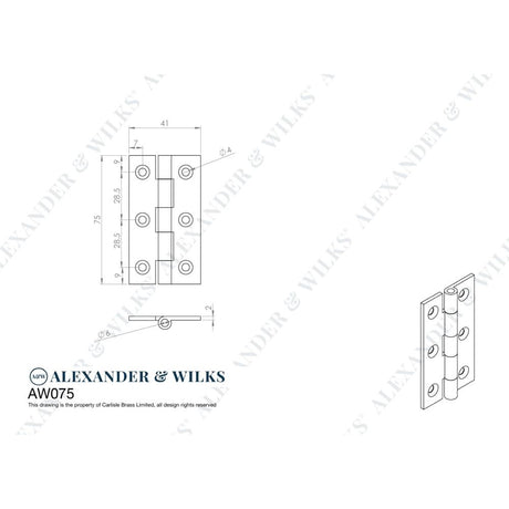 Line technical drawing image of Alexander & Wilks Heavy Pattern Solid Brass Cabinet Butt Hinge - Satin Chrome - 3" | Sku. aw075-ch-sc | Trade Door Handles.