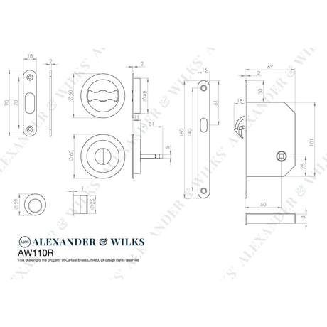 Line technical drawing image of Alexander & Wilks - Radius Sliding Door Lock Set - Satin Chrome | Sku. aw110rsc | Trade Door Handles.