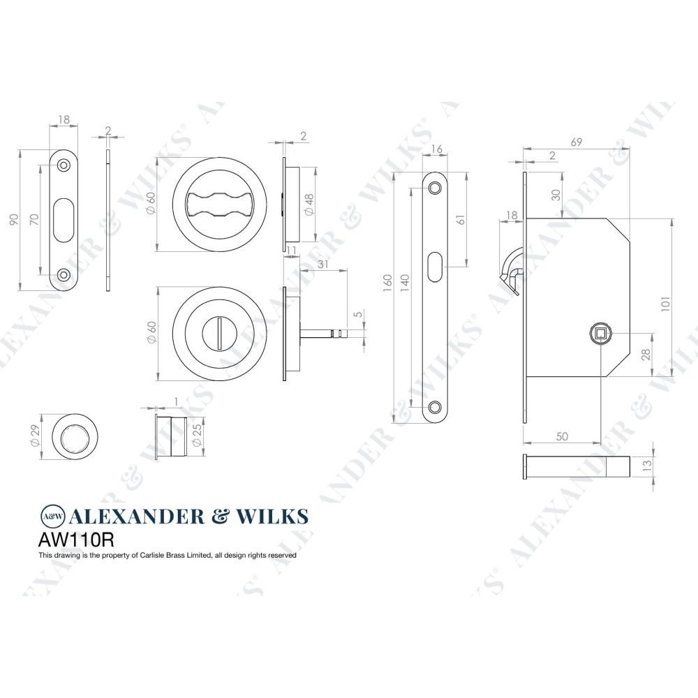 Line technical drawing image of Alexander & Wilks - Radius Sliding Door Lock Set - Satin Nickel | Sku. aw110rsn | Trade Door Handles.