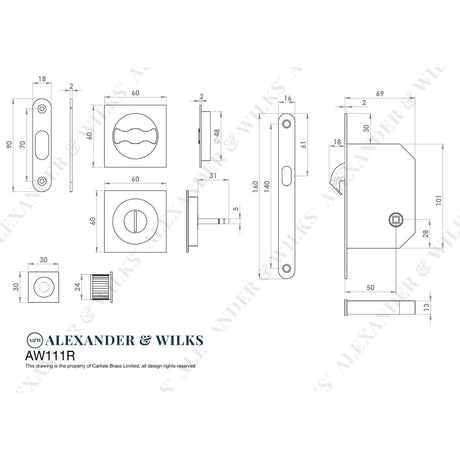 Line technical drawing image of Alexander & Wilks - Sliding Door Lock Set - Square Roses - Radius Forend & Strike-Satin Chrome | Sku. aw111rsc | Trade Door Handles.