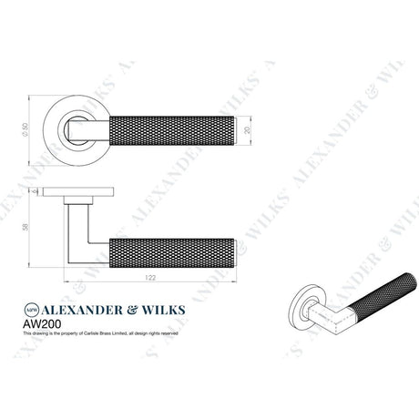 Line technical drawing image of Alexander & Wilks - Hurricane Knurled Lever on Round Rose - Satin Brass PVD | Sku. aw200sbpvd | Trade Door Handles.