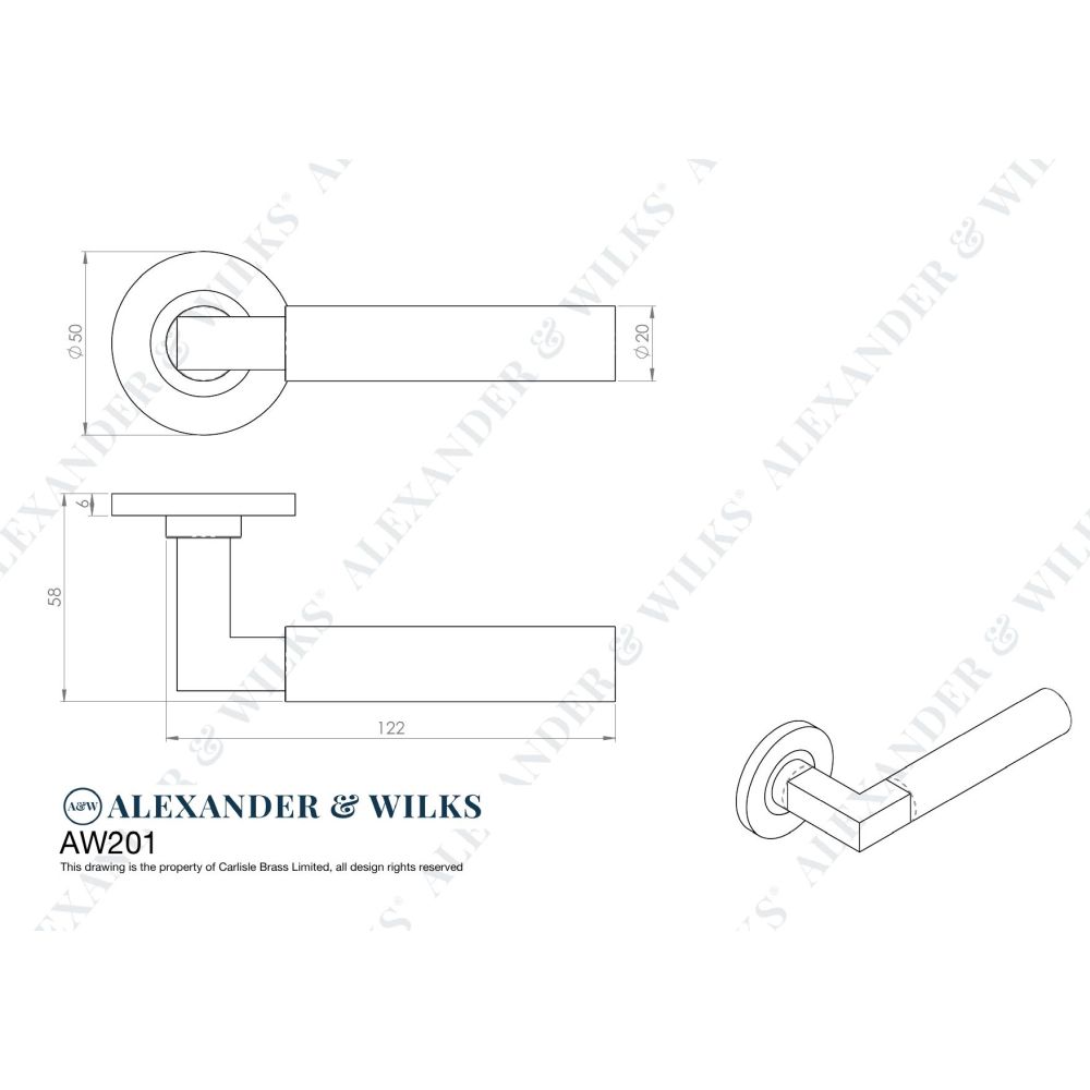 Line technical drawing image of Alexander & Wilks - Hurricane Plain Lever on Round Rose - Antique Brass | Sku. aw201ab | Trade Door Handles.