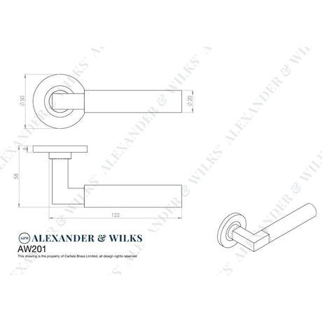 Line technical drawing image of Alexander & Wilks - Hurricane Plain Lever on Round Rose - Polished Nickel PVD | Sku. aw201pnpvd | Trade Door Handles.