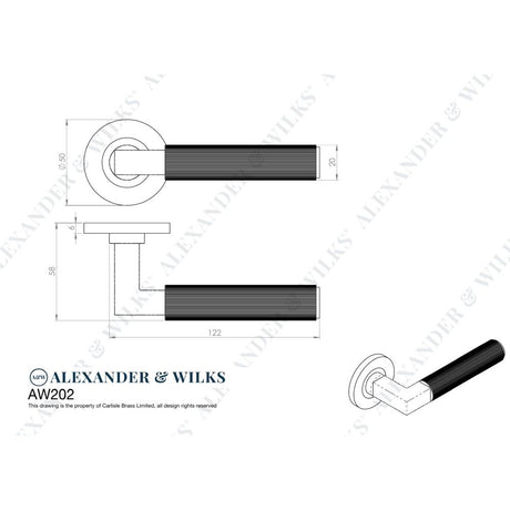 Line technical drawing image of Alexander & Wilks - Hurricane Reeded Lever on Round Rose - Polished Nickel PVD | Sku. aw202pnpvd | Trade Door Handles.