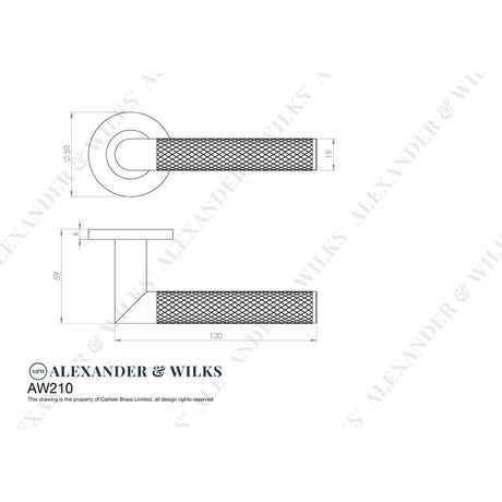 Line technical drawing image of Alexander & Wilks - Harrier Knurled Lever on Round Rose - Antique Brass | Sku. aw210ab | Trade Door Handles.