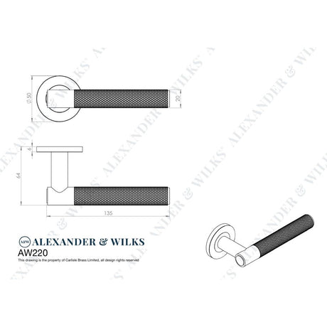 Line technical drawing image of Alexander & Wilks - Spitfire Knurled Lever on Round Rose - Antique Brass | Sku. aw220ab | Trade Door Handles.