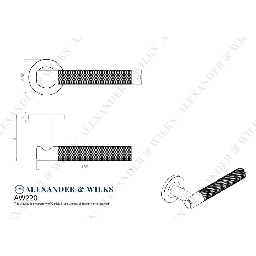 Line technical drawing image of Alexander & Wilks - Spitfire Knurled Lever on Round Rose - Dark Bronze PVD | Sku. aw220dbzpvd | Trade Door Handles.
