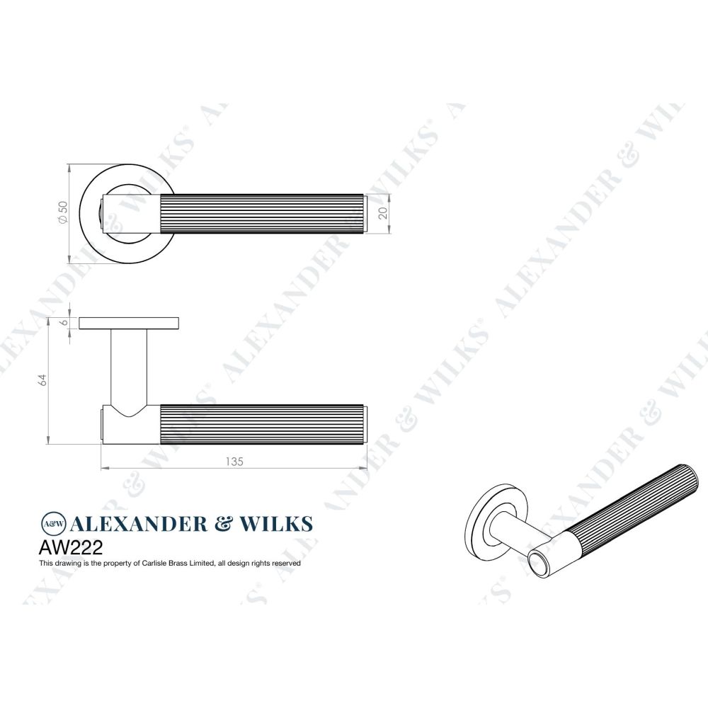 Line technical drawing image of Alexander & Wilks - Spitfire Reeded Lever on Round Rose - Satin Brass PVD | Sku. aw222sbpvd | Trade Door Handles.