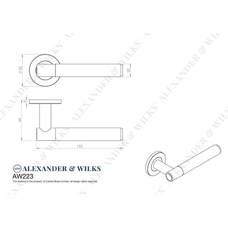 Line technical drawing image of Alexander & Wilks - Spitfire Hammered Lever on Round Rose - Dark Bronze | Sku. aw223dbz | Trade Door Handles.
