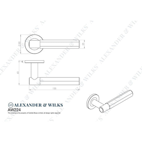 Line technical drawing image of Alexander & Wilks - Spitfire Hex Lever on Round Rose - Dark Bronze | Sku. aw224dbz | Trade Door Handles.