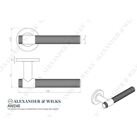 Line technical drawing image of Alexander & Wilks - Knurled Kingstone Lever on Round Rose - Polished Nickel PVD | Sku. aw240pnpvd | Trade Door Handles.