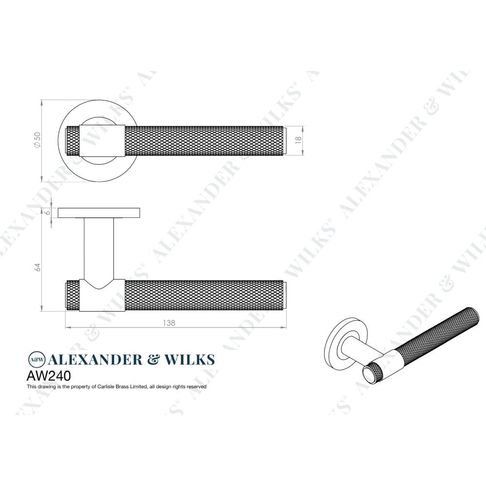 Line technical drawing image of Alexander & Wilks - Knurled Kingstone Lever on Round Rose - Satin Nickel PVD | Sku. aw240snpvd | Trade Door Handles.