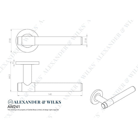 Line technical drawing image of Alexander & Wilks - Kingston Plain Lever on Round Rose-Satin Brass PVD | Sku. aw241sbpvd | Trade Door Handles.
