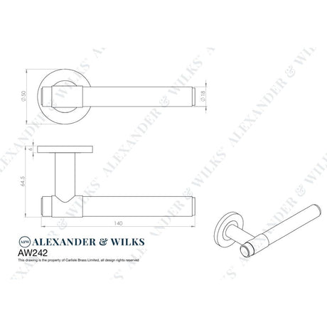 Line technical drawing image of Alexander & Wilks - Kingston Reeded lever on Round Rose-Antique Brass | Sku. aw242ab | Trade Door Handles.