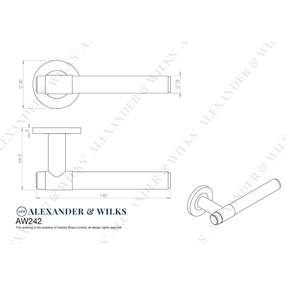 Line technical drawing image of Alexander & Wilks - Kingston Reeded lever on Round Rose-Dark Bronze PVD | Sku. aw242dbzpvd | Trade Door Handles.