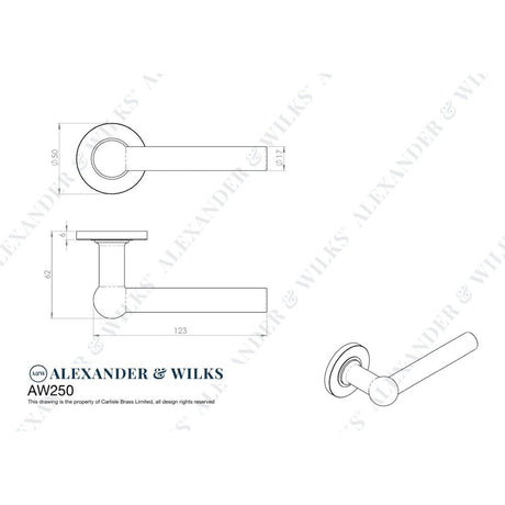 Line technical drawing image of Alexander & Wilks - Siskin Lever on Rose - Black | Sku. aw250bl | Trade Door Handles.