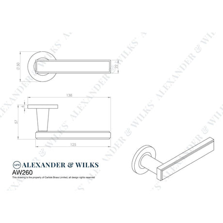Line technical drawing image of Alexander & Wilks Jesper Lever on Rose - Antique Brass | Sku. AW260AB | Trade Door Handles.