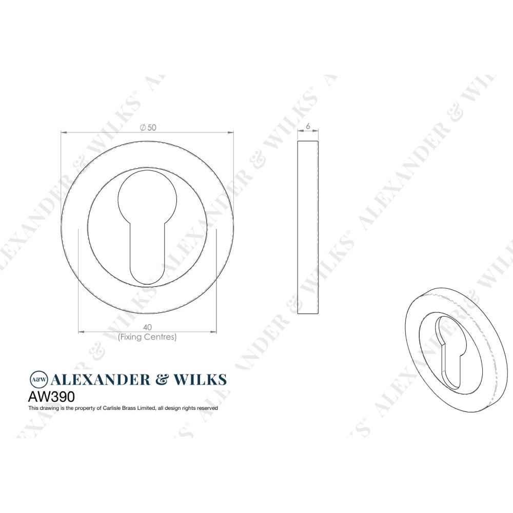 Line technical drawing image of Alexander & Wilks - Concealed Fix Escutcheon Euro Profile - Dark Bronze | Sku. aw390dbz | Trade Door Handles.