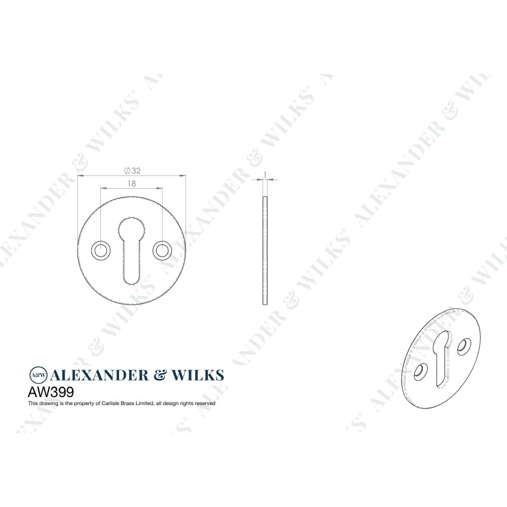 Line technical drawing image of Alexander & Wilks - Victorian Standard Profile Escutcheon - Satin Brass | Sku. aw399sb | Trade Door Handles.