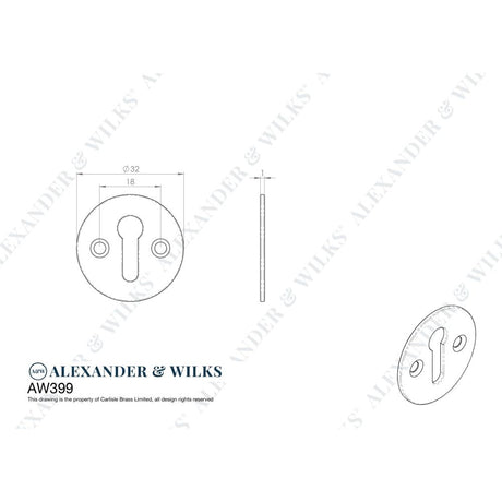 Line technical drawing image of Alexander & Wilks - Victorian Standard Profile Escutcheon - Satin Brass | Sku. aw399sb | Trade Door Handles.