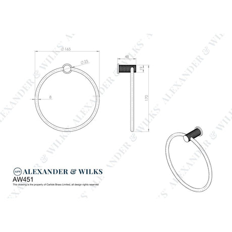 Line technical drawing image of Alexander & Wilks - Brunel Diamond Knurled Towel Ring - Antique Brass | Sku. aw451ab | Trade Door Handles.