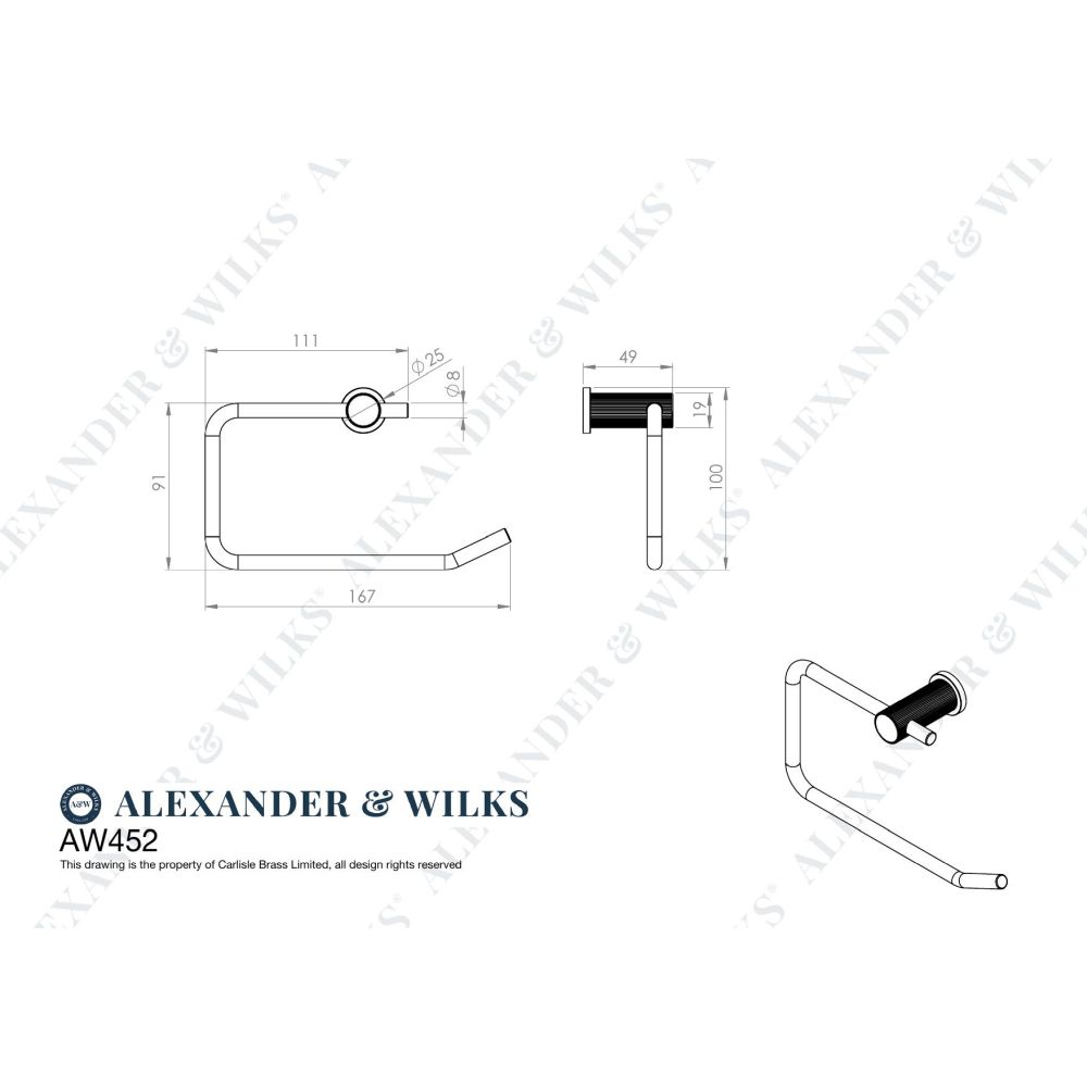 Line technical drawing image of Alexander & Wilks - Brunel Reeded Toilet Roll Holder-Black | Sku. aw452bl | Trade Door Handles.
