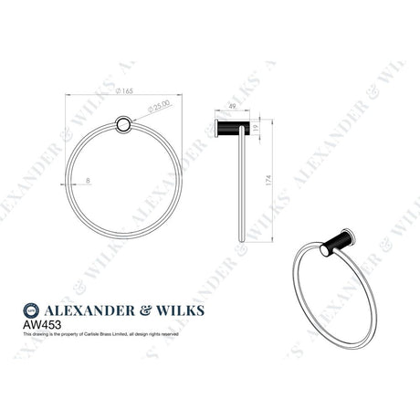 Line technical drawing image of Alexander & Wilks - Brunel Reeded Towel Ring-Black | Sku. aw453bl | Trade Door Handles.