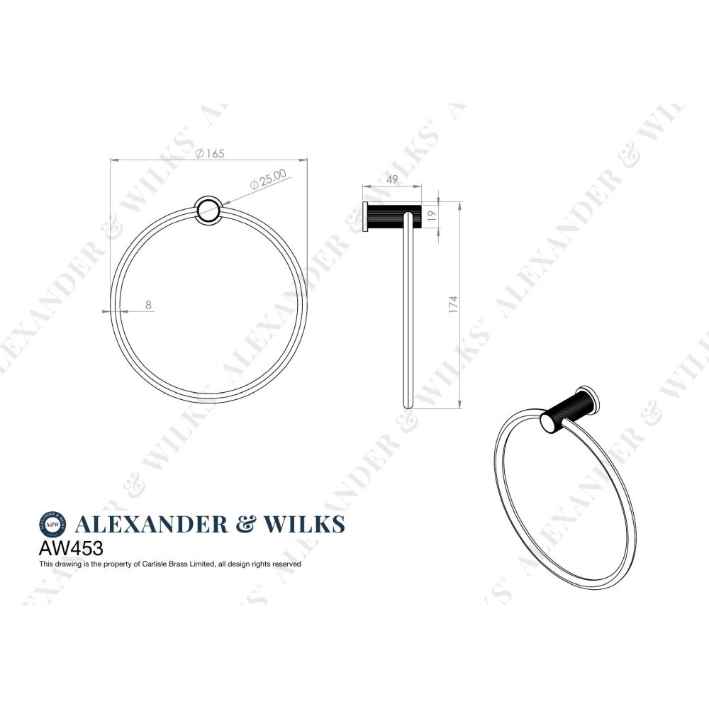 Line technical drawing image of Alexander & Wilks - Brunel Reeded Towel Ring-Polished Chrome | Sku. aw453pc | Trade Door Handles.