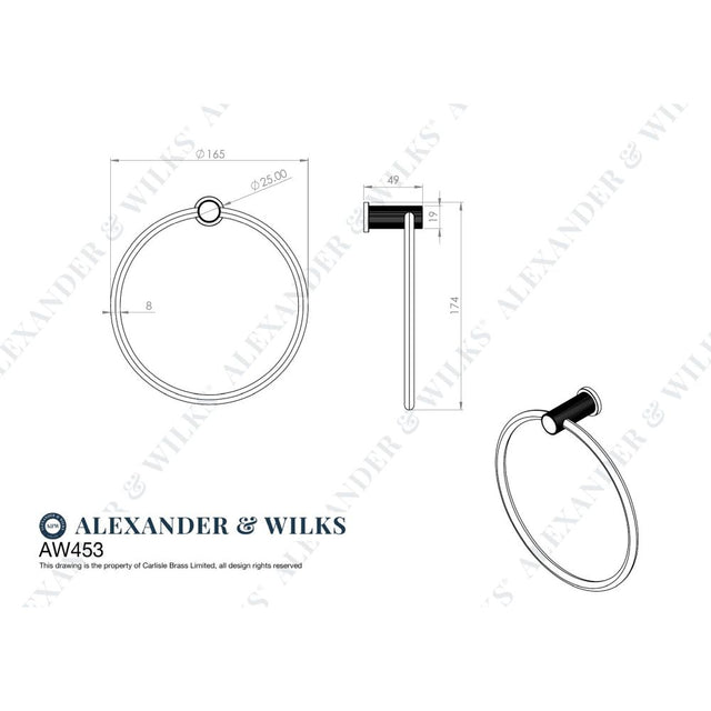 Line technical drawing image of Alexander & Wilks - Brunel Reeded Towel Ring-Polished Chrome | Sku. aw453pc | Trade Door Handles.