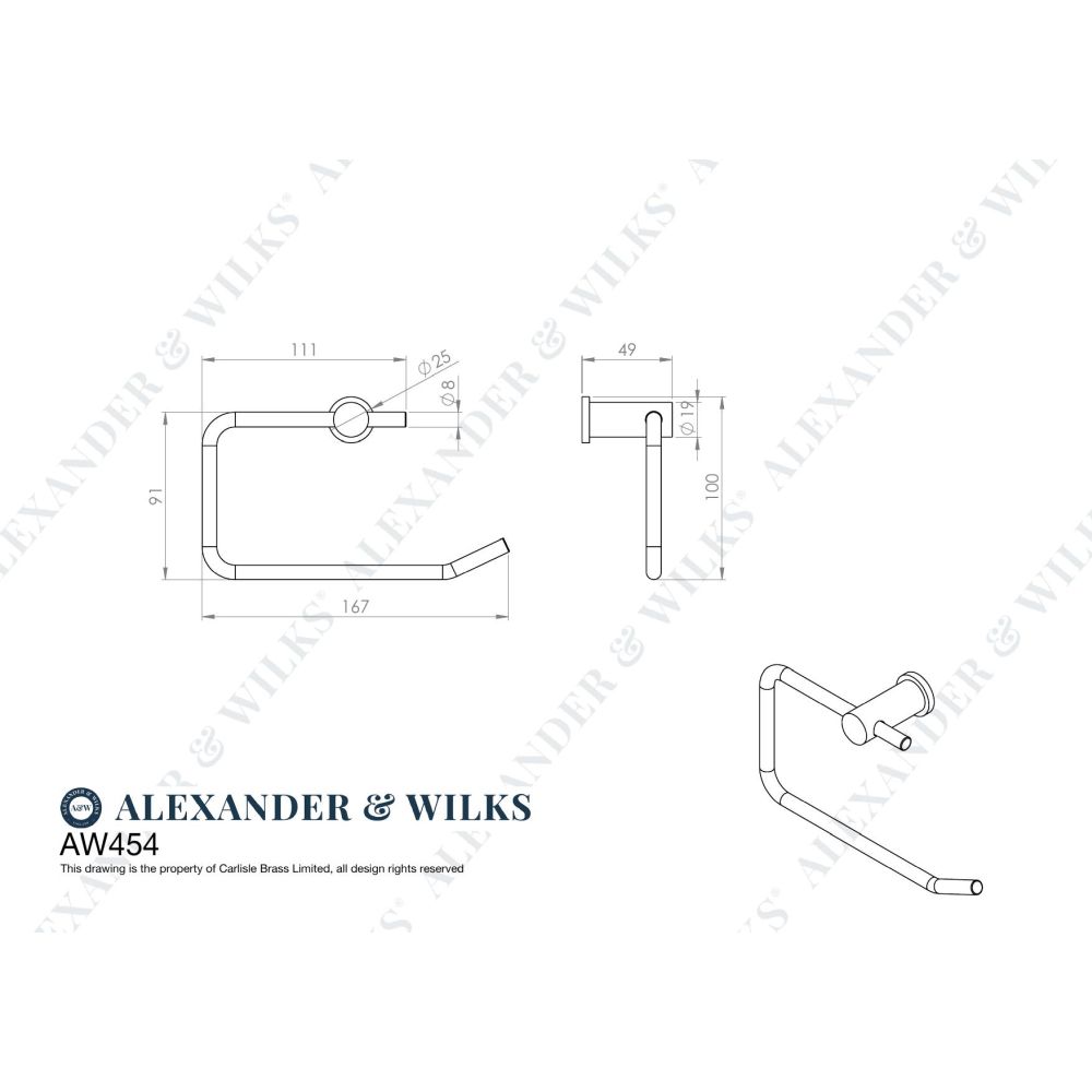 Line technical drawing image of Alexander & Wilks - Brunel Pain Toilet Roll Holder-Polished Chrome | Sku. aw454pc | Trade Door Handles.