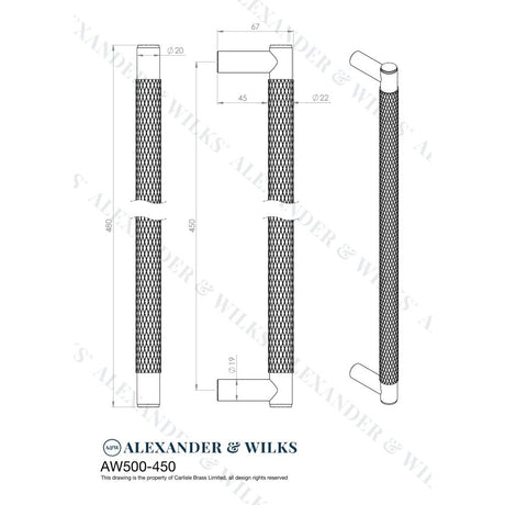 Line technical drawing image of Alexander & Wilks - Spitfire Diamond Knurled 450mm Pull Handle - Antique Brass | Sku. aw500-450-ab | Trade Door Handles.