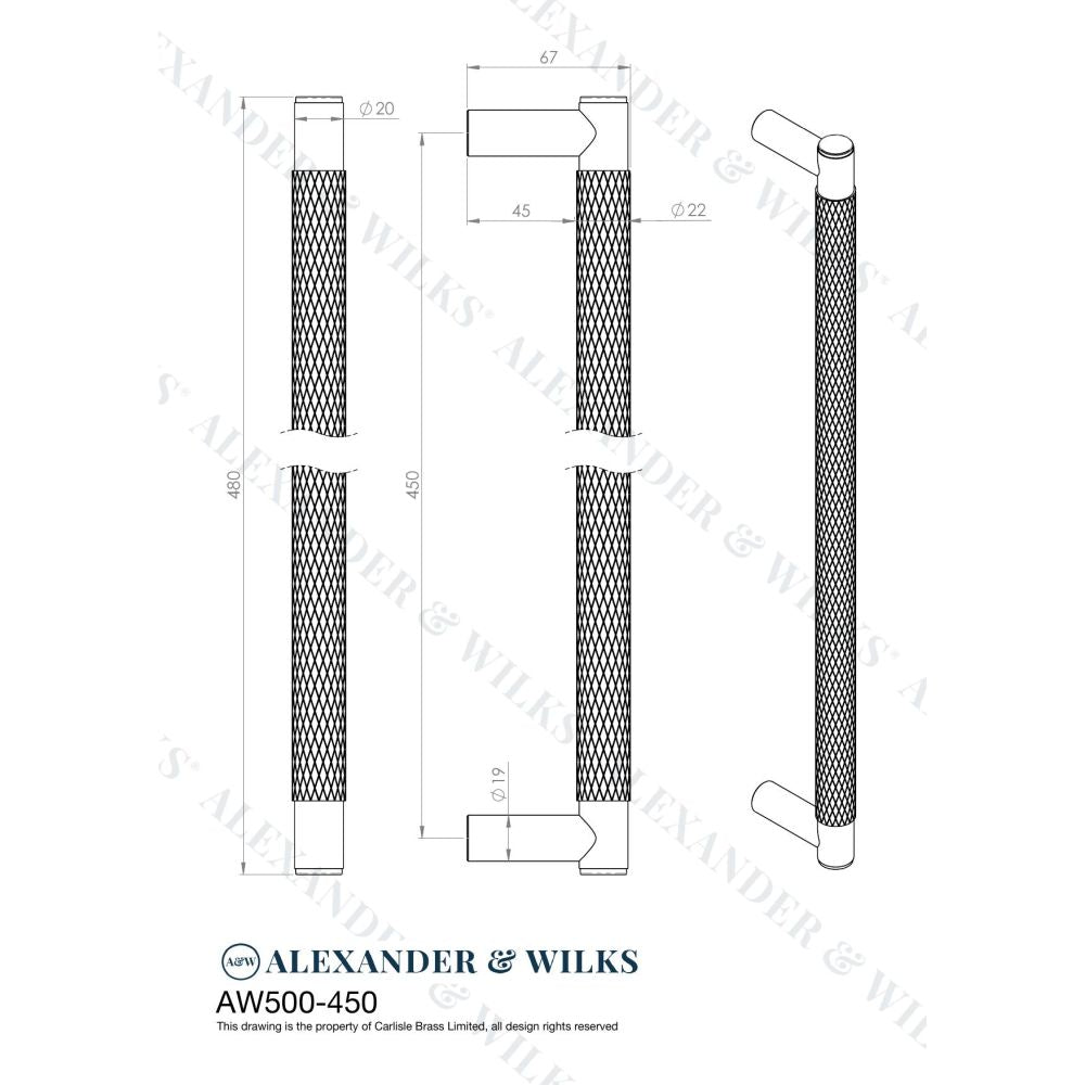 Line technical drawing image of Alexander & Wilks - Spitfire Diamond Knurled 450mm Pull Handle - Dark Bronze PVD | Sku. aw500-450-dbzpvd | Trade Door Handles.