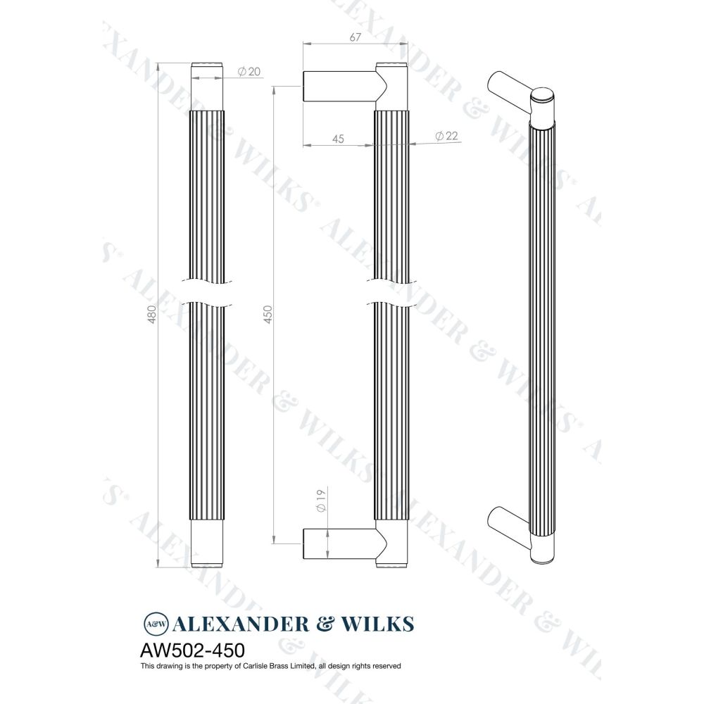 Line technical drawing image of Alexander & Wilks - Spitfire Reeded 450mm Pull Handle - Dark Bronze PVD | Sku. aw502-450-dbzpvd | Trade Door Handles.