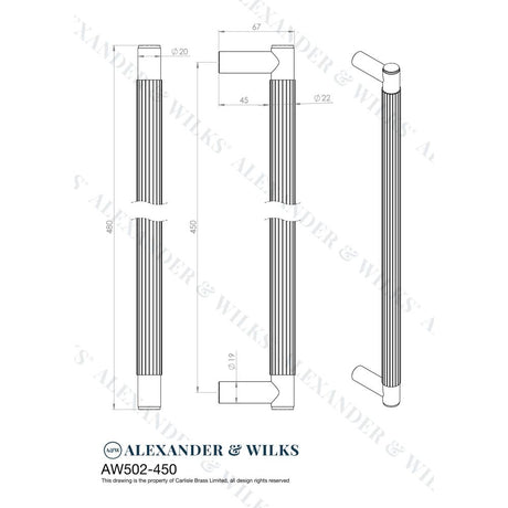 Line technical drawing image of Alexander & Wilks - Spitfire Reeded 450mm Pull Handle - Satin Brass PVD | Sku. aw502-450-sbpvd | Trade Door Handles.