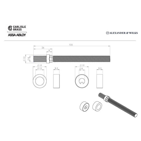 Line technical drawing image of Alexander & Wilks - Back To Back Fixings Satin Brass Pvd | Sku. aw50bbf-sbpvd | Trade Door Handles.