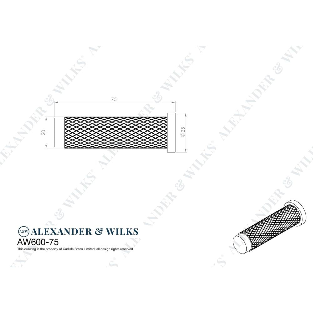 Line technical drawing image of Alexander & Wilks - Brunel Knurled Door Stop - Black | Sku. aw600-75-bl | Trade Door Handles.