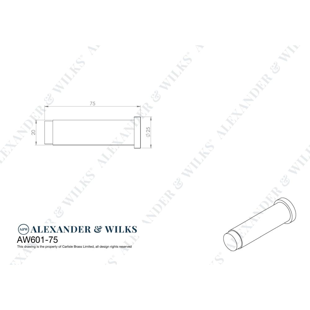 Line technical drawing image of Alexander & Wilks - Plain Projection Cylinder Door Stop - Black | Sku. aw601-75-bl | Trade Door Handles.