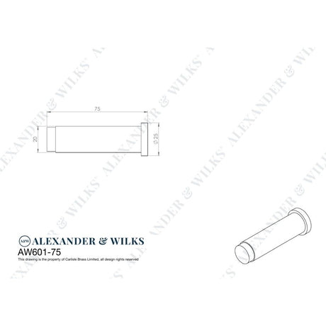 Line technical drawing image of Alexander & Wilks - Plain Projection Cylinder Door Stop - Polished Nickel PVD | Sku. aw601-75-pnpvd | Trade Door Handles.