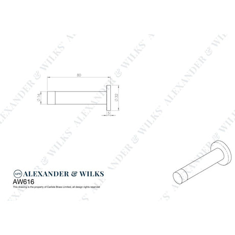 Line technical drawing image of Alexander & Wilks - Cylinder Projection Door Stop on Rose - Antique Brass | Sku. aw616ab | Trade Door Handles.